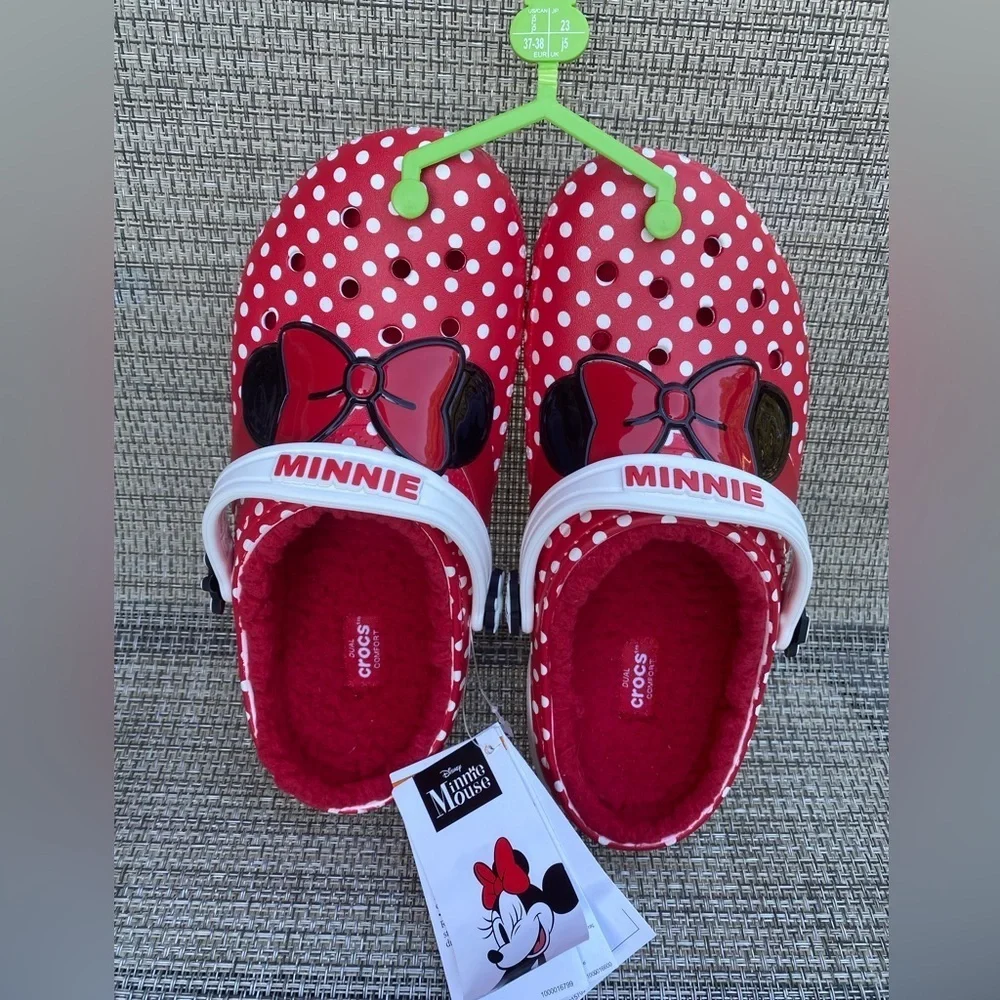 CROCS Disney Minnie Mouse Big Girls Fur Lined Red Bow White Polka Dot Clog Sz j5